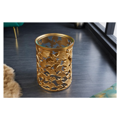 Estila Art deco glamour zlatý příruční stolek Ginko zlaté barvy z kovu s kulatou skleněnou desko