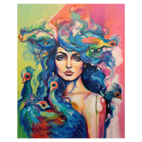 Obrazy na stěnu - Abstrakt - žena s pávy Rozměr: 40x50 cm, Rámování: bez rámu a bez vypnutí plát