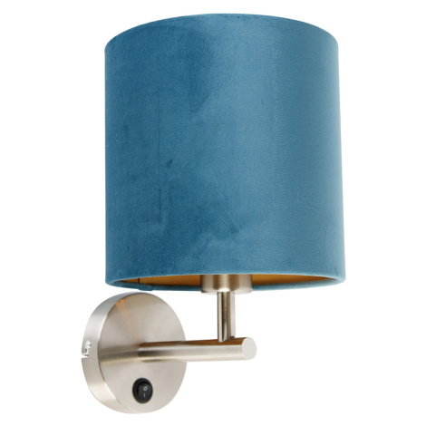 Elegantní nástěnná lampa z oceli s modrým sametovým odstínem - mat QAZQA