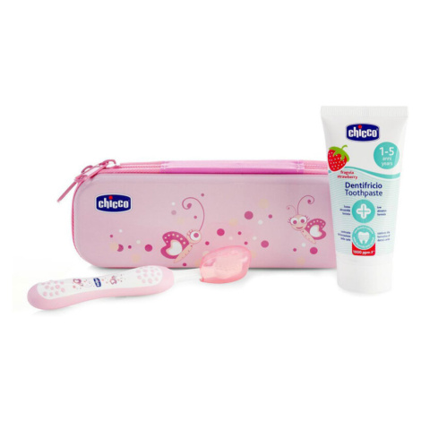 CHICCO - Set zubní kartáček a pasta s fluorem v pouzdře Always Smiling růžová 12m+