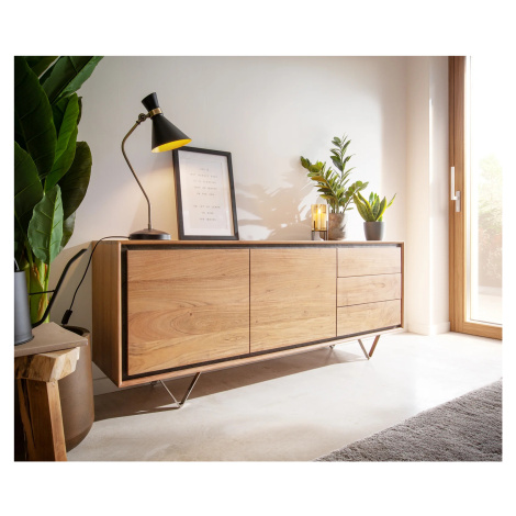 DELIFE Komoda Stonegrace 175 cm akácie přírodní 2 dvířka 3 zásuvky kamenná dýha podnož ve tvaru 