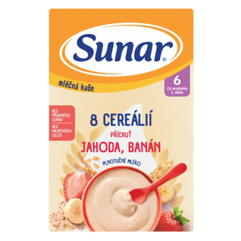 Sunar Mléčná kaše 8 cereálií s příchutí jahody a banánu 210 g