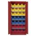 mauser Skladová skříň, jednobarevná, s 28 přepravkami s viditelným obsahem, 6 polic, červená, od