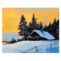 Srub v zimním lese a západ slunce, 80×100 cm, vypnuté plátno na rám
