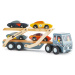 Dřevěný kamión Car Transporter Tender Leaf Toys s pohyblivou plošinou a 4 autíčky