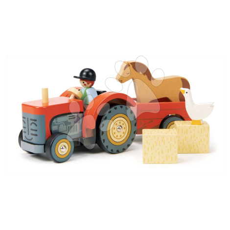 Dřevěný traktor s vlečkou Farmyard Tractor Tender Leaf Toys s figurkou farmáře a zvířátky od 18 