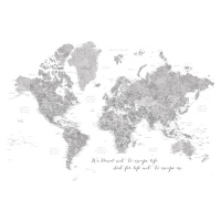 Mapa We travel not to escape life, gray world map with cities, Blursbyai, 40 × 26.7 cm