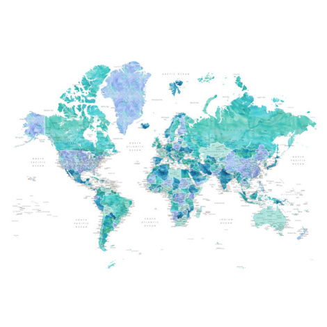 Mapa Aquamarine and blue watercolor detailed world map, Blursbyai, (40 x 26.7 cm)