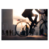 Fotografie Businessman on bicycle passing skyline La Defense, EschCollection, 40 × 26.7 cm