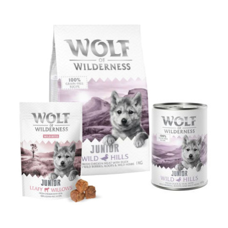 Startovací sada Little Wolf of Wilderness Junior - Wild Hills granule, Wild Hills konzervy, Leaf