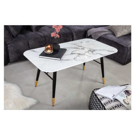 Estila Art deco mramorový konferenční stolek Nudy s bílou povrchovou deskou a černým kovovým noh