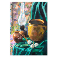 Ilustrace still life with ceramic pots and kerosene lamp, VvoeVale, 26.7 × 40 cm