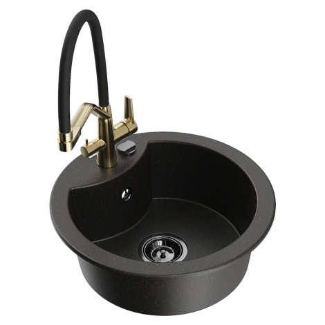 MEXEN/S Diego granitový dřez 1-miska včetně baterie Duo, černá/zlatá metalik 6512-75-671701-57-B