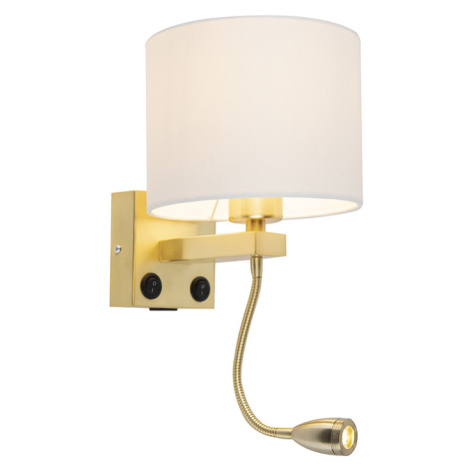 Zlatá nástěnná lampa USB s bílým stínítkem - Brescia Combi QAZQA