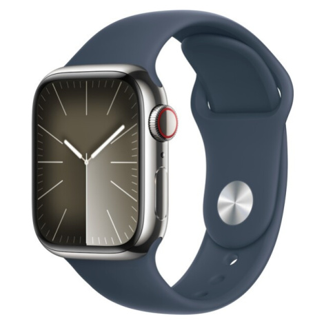 Apple Watch Series 9 Cellular 41mm Stříbrná ocel s bouřkově modrým sportovním řemínkem S/M Stříb