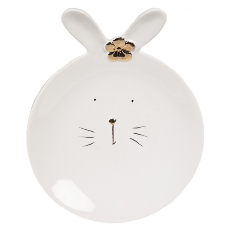 Porcelánový snídaňový talíř ve tvaru králíčka se zlatou květinou – 15 cm Clayre & Eef