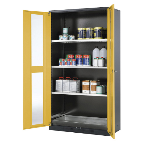 asecos Laboratorní skříň na chemikálie, 2 dveře, plná výška, 3 police, s pohledovým okénkem, žlu