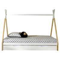 Domečková dětská postel z borovicového dřeva s úložným prostorem v bílo-přírodní barvě 90x200 cm