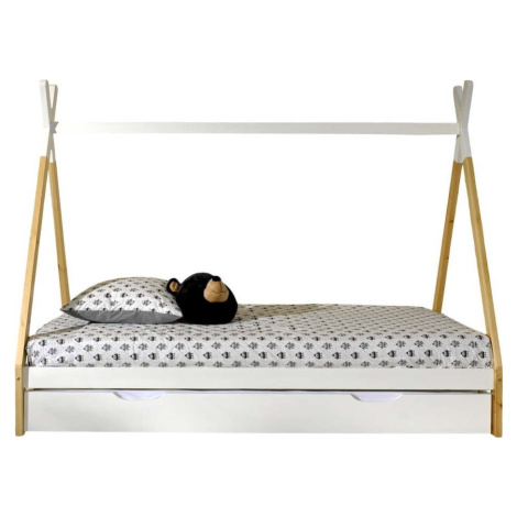 Domečková dětská postel z borovicového dřeva s úložným prostorem v bílo-přírodní barvě 90x200 cm Vipack