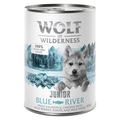 Wolf of Wilderness konzervy 6 x 400 g , 5 + 1 zdarma! - JUNIOR Blue River - kuřecí a losos