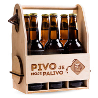 FK Dřevěný nosič na pivo s celokovovým otvírákem + 6ks kulatých podtácků - PIVO JE MOJE PALIVO 3