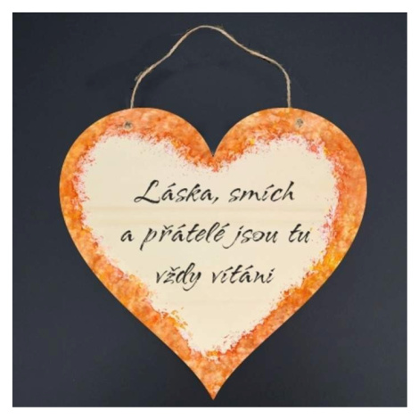 Cedule dřevěné srdce Láska, smích a přátelé ... oranžovo-přírodní 21cm AMADEA