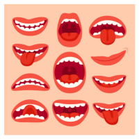 Umělecká fotografie Cartoon mouth elements collection. Show tongue,, Tetiana Lazunova, (40 x 40 