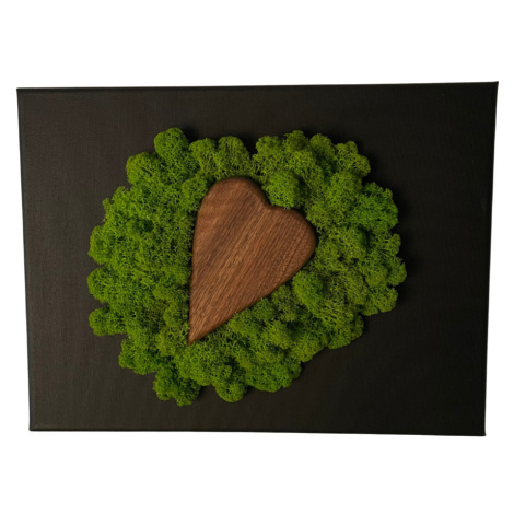 Obrázek s dřevěným srdcem a mechem 20 x 30 cm