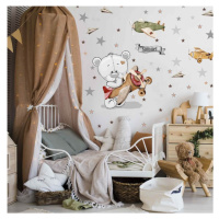 Samolepka na zeď pro kluky - Medvídek s letadlem a hvězdy do dětského pokoje