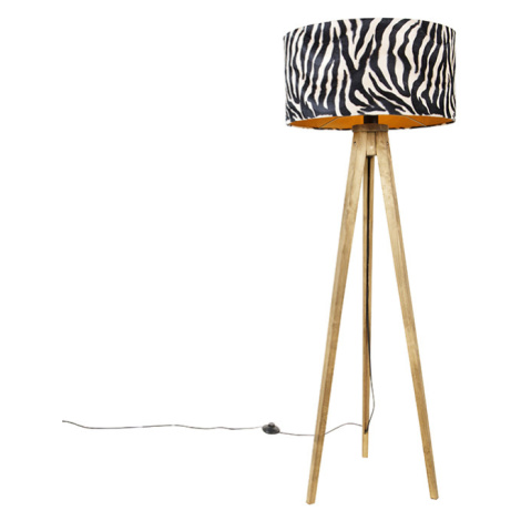 Vintage stojací lampa se stínítkem ze dřeva szebrím vzorem 50 cm - Tripod Classic QAZQA
