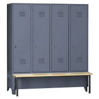 Wolf Šatní skříňka s představnou lavicí, plnostěnné dveře, šířka oddílu 400 mm, 4 oddíly, modroš