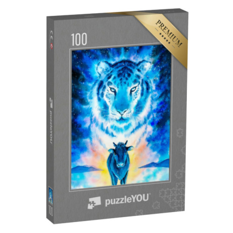 puzzle 100 dílků „Býk a tygr, modré světlo, akvarel“