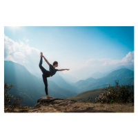 Fotografie Woman training yoga, mountains on background, Zulman, 40 × 26.7 cm