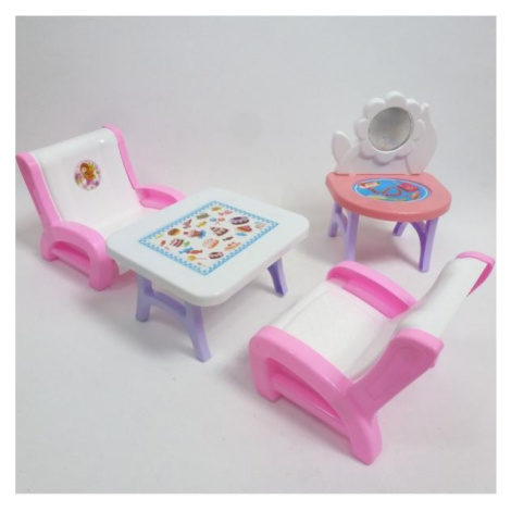 Konferenční stolek s křesly pro panenky - bílo růžová