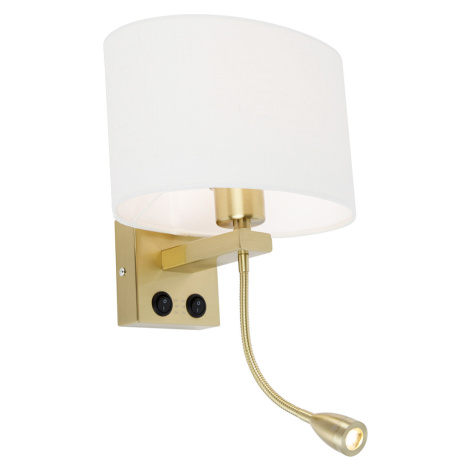 Nástěnná lampa mosazná s oválným lněným stínítkem bílým 25 cm - Brescia Combi QAZQA