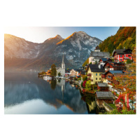 Fotografie Sunrise view of famous Hallstatt mountain village with Hallstatter lake, Austria, Ant