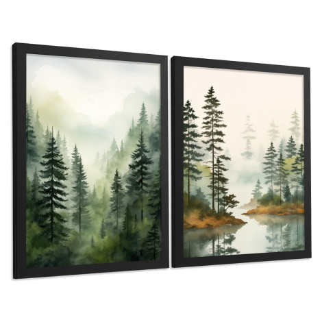 Nacnic PLAKAT Sada 2 dekorativních tisků Nordic Forest Landscape Moderní obývací pokoj Obrázky -