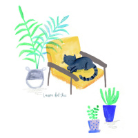 Ilustrace Black cat on mustard scandi chair, Laura Irwin, (30 x 40 cm)