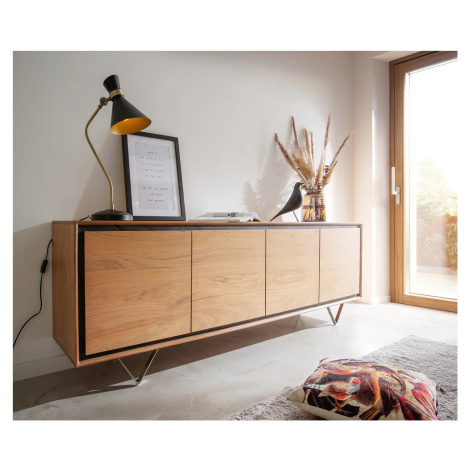 DELIFE Komoda Stonegrace 200 cm akácie přírodní 4 dvířka kamenná dýha podnož ve tvaru V
