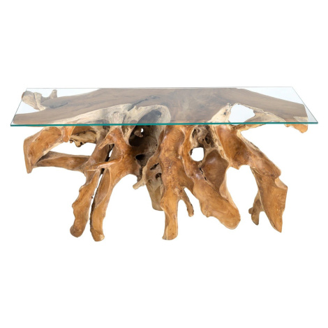 Estila Luxusní masivní konzolový stolek Root s organickou nohou z hnědého teakového dřeva a skle