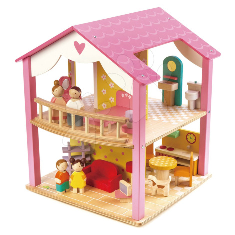 Dřevěný domeček pro panenku Pink Leaf House Tender Leaf Toys 22 dílů rotující s komplet vybavení