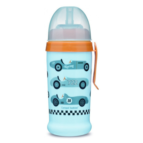 Canpol babies Sportovní láhev se silikonovou nevylévací slámkou AUTA 350 ml světle modrá
