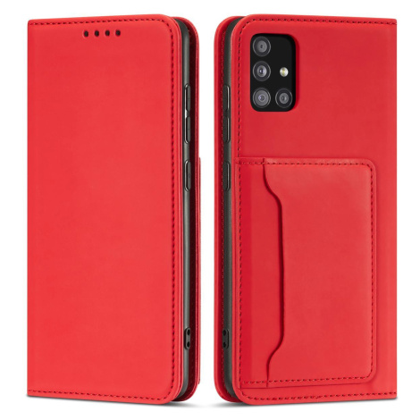 Magnet Card Case elegantní knížkové pouzdro s venkovní kapsou na Samsung Galaxy A12 / M12 Red