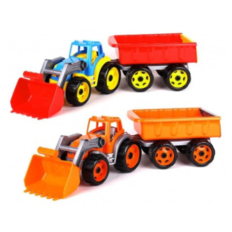 Teddies Traktor/nakladač/bagr s vlekem se lžící plast na volný chod 2 barvy v síťce 16x61x16cm