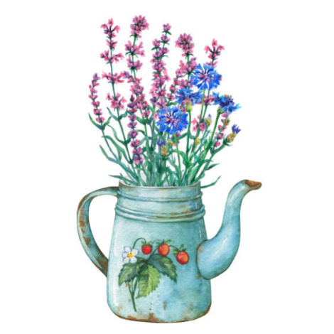 Ilustrace Vintage blue metal teapot with strawberries, arxichtu4ki, (30 x 40 cm)