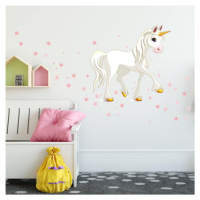 Samolepky na zeď pro holčičky - Bílý jednorožec s růžovými hvězdami