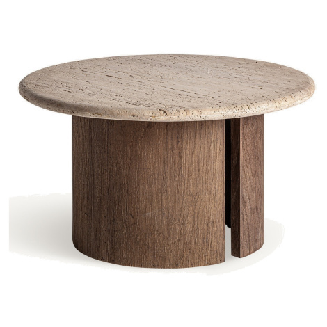 Estila Luxusní moderní konferenční stolek Lermont s kulatou travertinovou béžovou deskou masivní