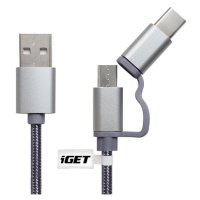 iGET G2V1 USB kabel 2v1, 1m, stříbrný, microUSB i USB-C, prodloužené koncovky - G2V1