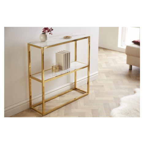Estila Art deco konzolový stolek Gold Marbleux oddélníkový se zlatou lesklou konstrukcí a mramor