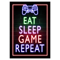 Umělecký tisk Eat Sleep Game Repeat-Gaming Neon Quote, (30 x 40 cm)